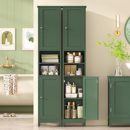 TEENFON 67" Tall Bathroom Cabinet with Adjustable Shelves and Doors, Narrow Bathroom Storage Cabinet for Small Space, Living Room, Entryway, Kitchen, Green