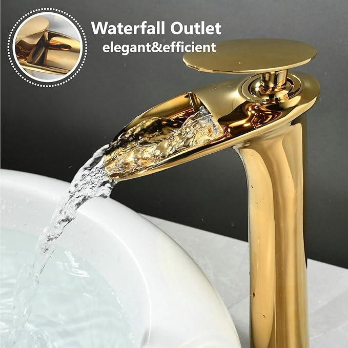 Luxury Gold Tall Bathroom Faucet - Modern Single Lever Sink Mixer Tap, Elegant Waterfall Design, Stylish Upgrade for Home, Single Hole Installation