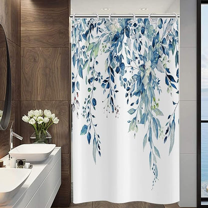 Blue Eucalyptus Shower Curtain, Watercolor Blue Leaves on The Top Plant with Floral Bathroom Curtain Bathtub Home Decor Waterproof Fabric Machine Washable with Hooks