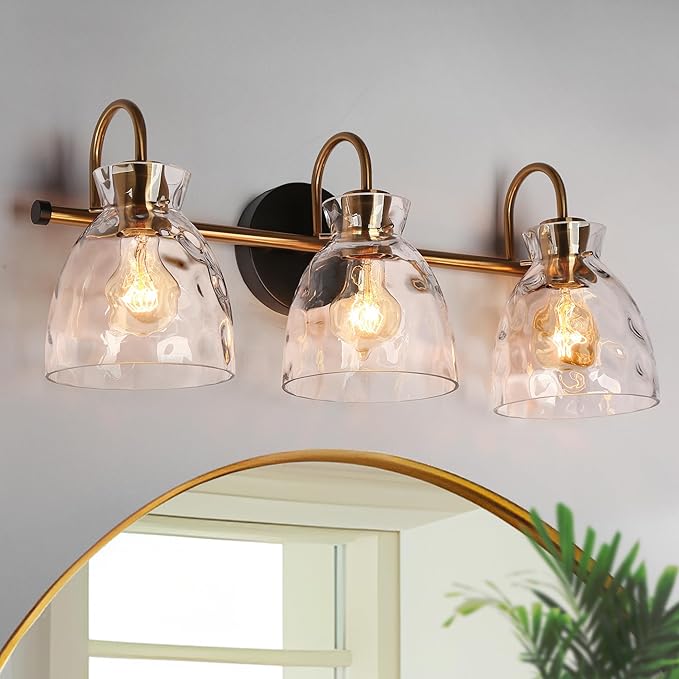 KSANA Modern Bathroom Light Fixtures, Vintage 3 Light Vanity Lights Over Mirror Black and Electroplated Brass Bathroom Vanity Light with Water Ripple Glass, 23" W
