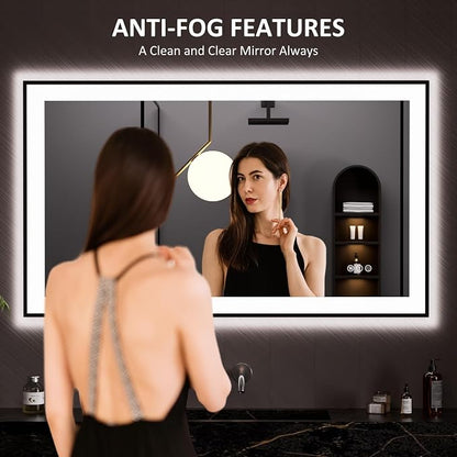 LOAAO 48"X28" LED Bathroom Mirror Black Framed | Anti-Fog, Dimmable, Memory Function, Tempered Glass, Lighted Vanity Mirror for Wall