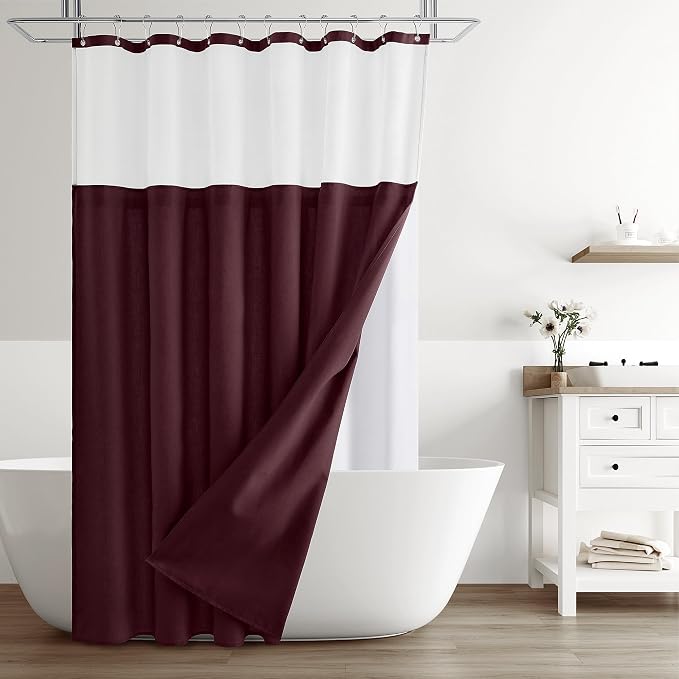 Linen Shower Curtain 72 Inches for Bathroom Burgundy Double Layer | Curtains with Hook, Snap in Liner, Water Repellent, Boho Farmhouse, Modern Bath Decor, 1 Panel, 72x72