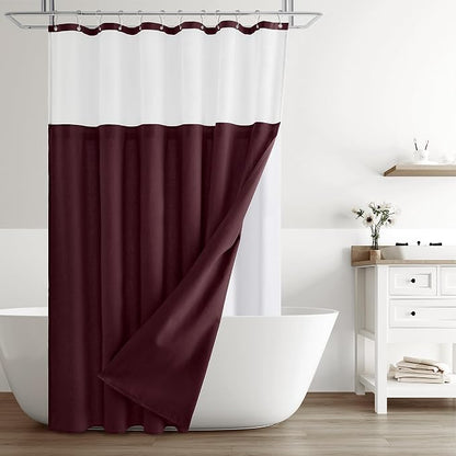 Linen Shower Curtain 78 Inches for Bathroom Burgundy Double Layer | Curtains with Hook, Snap in Liner, Water Repellent, Boho Farmhouse, Modern Bath Decor, 1 Panel, 72x78