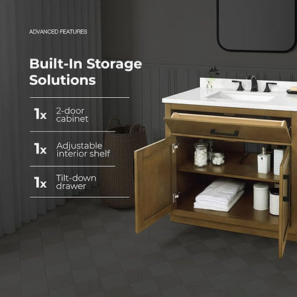 OVE Decors Bailey 36 in. Single Sink Freestanding Almond Latte Bathroom Vanity with White Quartz Top and Matching Backsplash