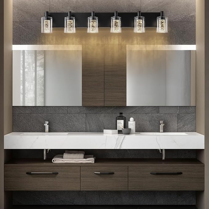 SineRise Vanity Light with 3 Color Modes (3000K/4000K/6000K), Eye Protection LED Bathroom Light Fixture, Dimmable Modern Wall Light Over Mirror with Clear Glass Shade (Black, 6-Light)