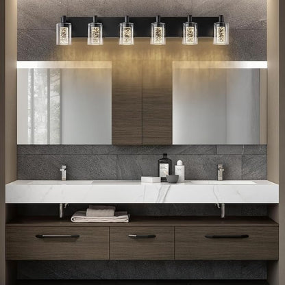 SineRise Vanity Light with 3 Color Modes (3000K/4000K/6000K), Eye Protection LED Bathroom Light Fixture, Dimmable Modern Wall Light Over Mirror with Clear Glass Shade (Black, 6-Light)