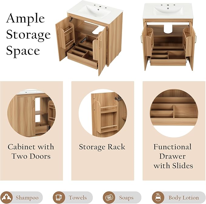 LUMISOL 30" Bathroom Vanity with Sink, Small Single Bathroom Vanity with Drawer and Soft-Close Doors, Storage Racks, Wooden Freestanding Bathroom Cabinet with Ceramic Sink, Natural