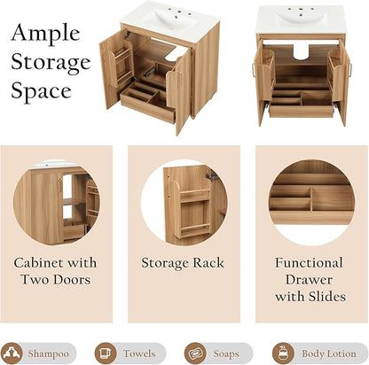 LUMISOL 30" Bathroom Vanity with Sink, Small Single Bathroom Vanity with Drawer and Soft-Close Doors, Storage Racks, Wooden Freestanding Bathroom Cabinet with Ceramic Sink, Natural