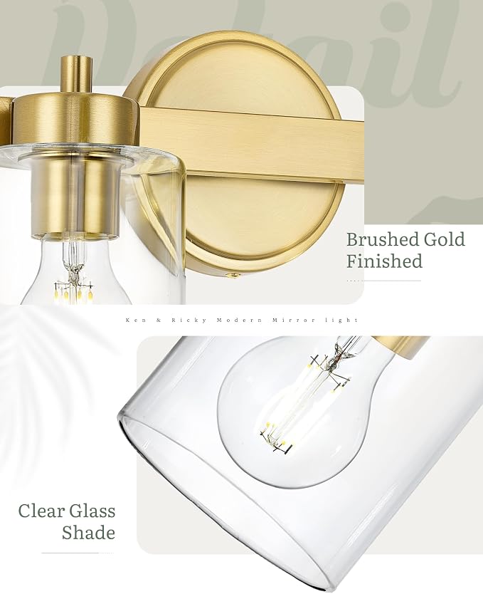Ken & Ricky 4 Light Brushed Gold Bathroom Vanity Lights Fixtures | Over Mirror,Modern Wall Sconce,E26，Clear Glass Shades For Living Room Bedroom Entryway