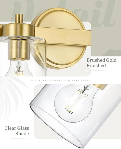 Ken & Ricky 4 Light Brushed Gold Bathroom Vanity Lights Fixtures | Over Mirror,Modern Wall Sconce,E26，Clear Glass Shades For Living Room Bedroom Entryway