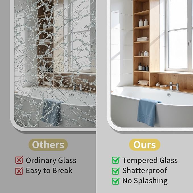 Bathroom Mirror for Wall, 30"x36" Black Bathroom Mirror for Over Sink, Shatterproof Tempered Glass Vanity Mirror with Anti-Rust Aluminum Alloy Frame, Hang Horizontally or Vertically, White