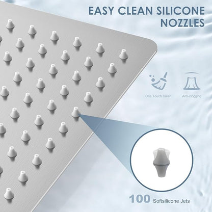 12x8 Inch Rectangle Rain Shower Head Brusehd Nickel, All Metal Stainless Steel 304, Full Body Rainfall Shower with 112 Silicone Nozzles, Ceiling Rain Showerheads