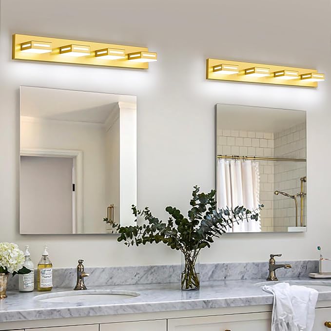 LED Modern Bathroom Light Fixtures, 4-Light 30-Inch Gold Vanity Lights for Bathroom Lighting Fixtures Over Mirror, 350° Rotatable Acrylic, 6000K Cool White Wall Lamp
