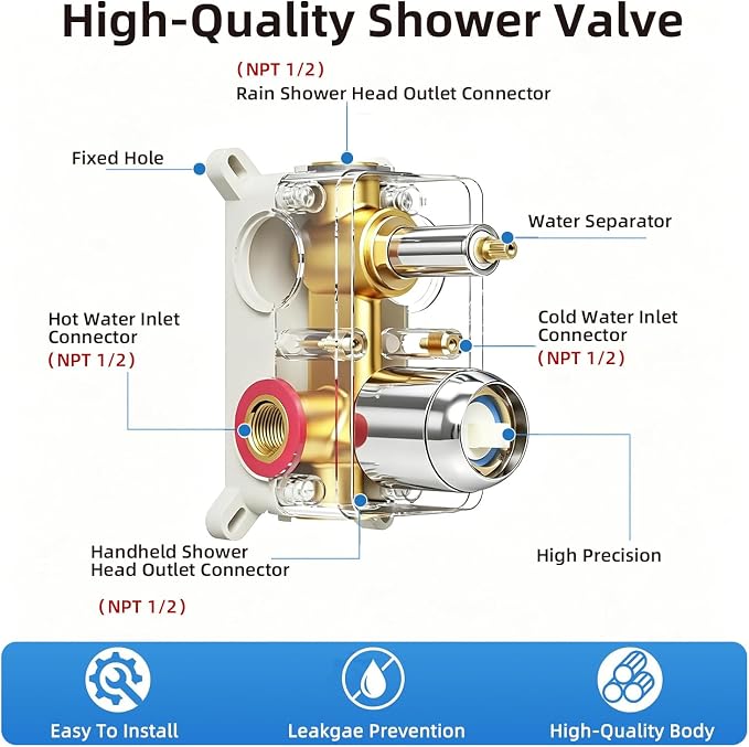 Shower Faucet Set With 8" Shower Head And Handheld Chrome | Wall Mounted Shower System Valve Include 2 Function