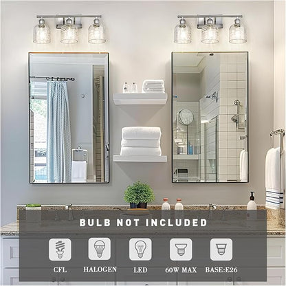 zeyu 20.8'' Modern Bathroom Vanity Lamp, 3-Light Wall Mirror Light for Bathroom, Brushed Nickel Finish with Clear Hammered Glass, ZJF63B-3W BN