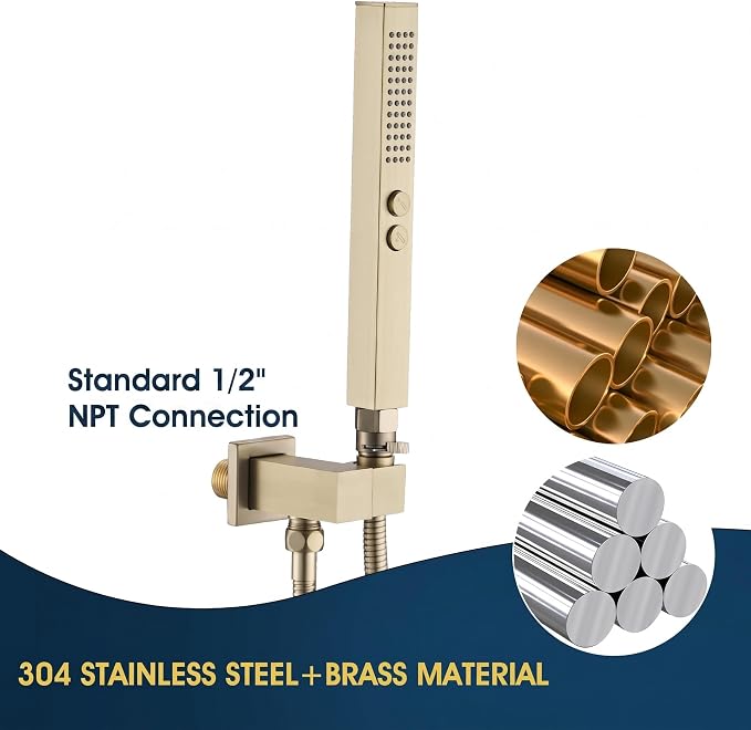 All-Metal High Pressure Square Handheld Shower Head with Jet Spray and Rainfall Modes, Volume Control Regulator, ON/OFF Switch, Hose and Wall Mounted Adjustable Bracket (Brushed Gold)