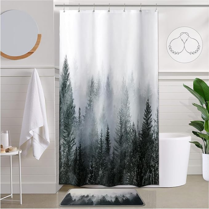 ORTIGIA 36x72 Misty Forest Stall Shower Curtain for Small Bathroom, Dark Green Half Size Narrow Nature Woodland Shower Curtain Set with Hooks, Waterproof Fabric Pine Tree Fog Magic Home Bath Curtain