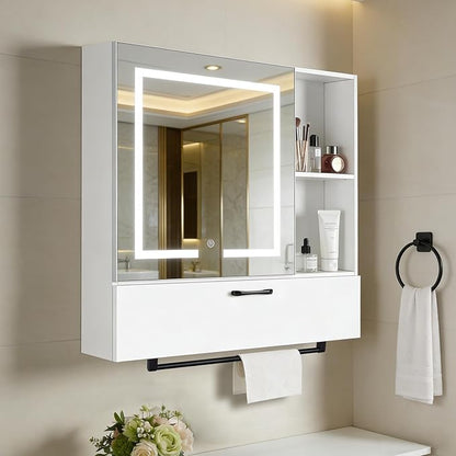 LED Lighting with Socket and USB Bathroom Medicine Mirror Cabinet,Color Changing Anti Fog Light Strip,Equipped with Hair Dryer Rack and Towel Rack,Embedded or Wall Mounted,White
