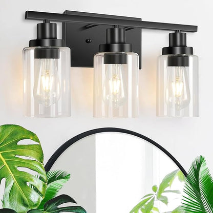3-Light Vanity Light, Matte Black Bathroom Lighting Fixtures Over Mirror, Modern Metal Wall Lights for Hallway Kitchen Bedroom Living Room | Wall Sconce Light Fixture with Clear Glass Shade Matte Black Modern Metal Wall Lights for Hallway Kitchen Bedro...