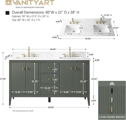 Vanity Art 60 inch Bathroom Vanity with Double Sink & Ceramic Top, Vanity Cabinet with Soft-Closing Door, Solid Wood Frame, Linear Pattern, Vintage Green, Golden Brushed Handware VA9160-DVG-GB