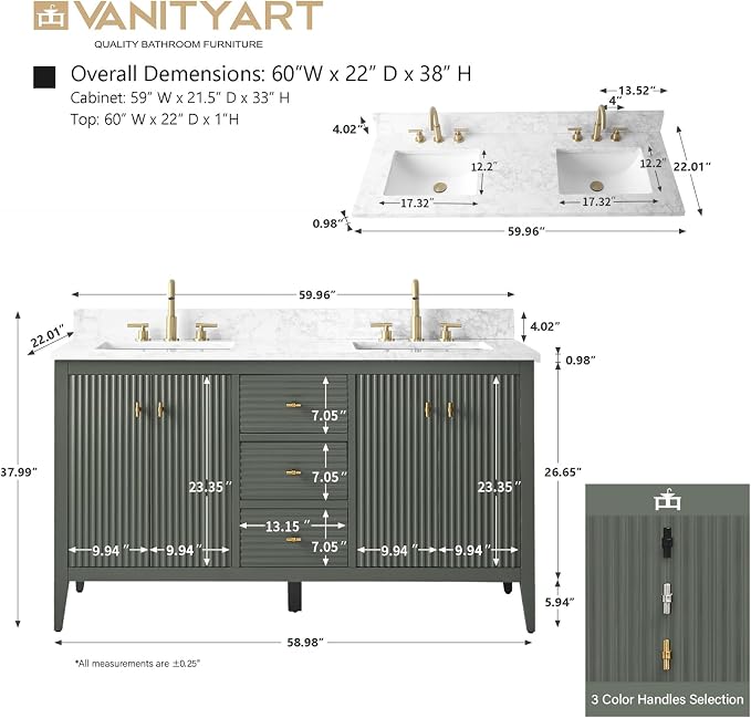 Vanity Art 60 inch Bathroom Vanity with Double Sink & Ceramic Top, Vanity Cabinet with Soft-Closing Door, Solid Wood Frame, Linear Pattern, Vintage Green, VA9160-DVG-MB,Matte Black Handles