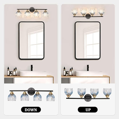TALOYA Bathroom Vanity Light Fixtures, 4-Light Black and Gold Wall Lights for Mirror with Gradient Blue Tulip Glass Shades, Over Sink Lighting for Bedroom, Living Room, Hallway,Farmhouse