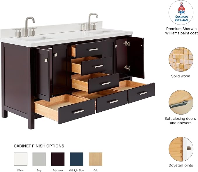 Beckford 66-Inch Espresso Double Bathroom Vanity, 1.5-Inch Edge Pure White Quartz Countertop & Backsplash, 2 Rectangular Undermount Sinks, 4 Soft Closing Doors, 6 Dovetail Drawers, Brushed Nickel