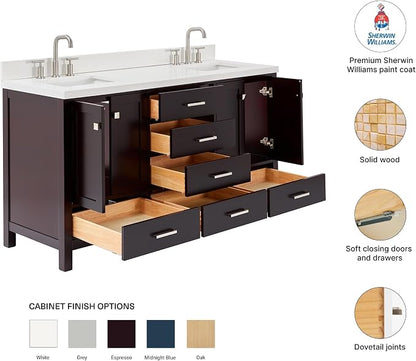 Beckford 66-Inch Espresso Double Bathroom Vanity, 1.5-Inch Edge Pure White Quartz Countertop & Backsplash, 2 Rectangular Undermount Sinks, 4 Soft Closing Doors, 6 Dovetail Drawers, Brushed Nickel