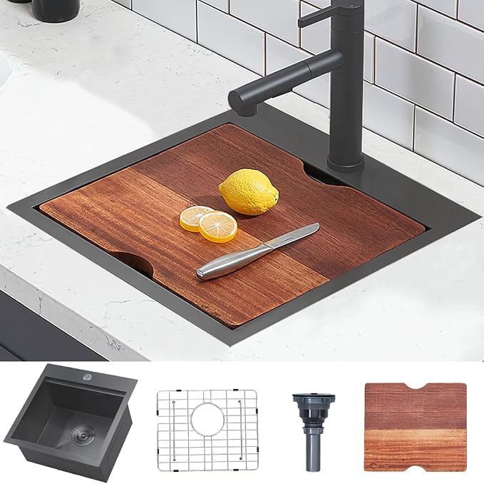 HOTIS 18 x 18 Inch Black Bar Sink Drop in Workstation Sink, Handmade Stainless Steel Wet Bar Sinks,Topmount RV Small Kitchen Sinks, Outdoor Single Bowl with Dish Grid & Drain & Cutting Board