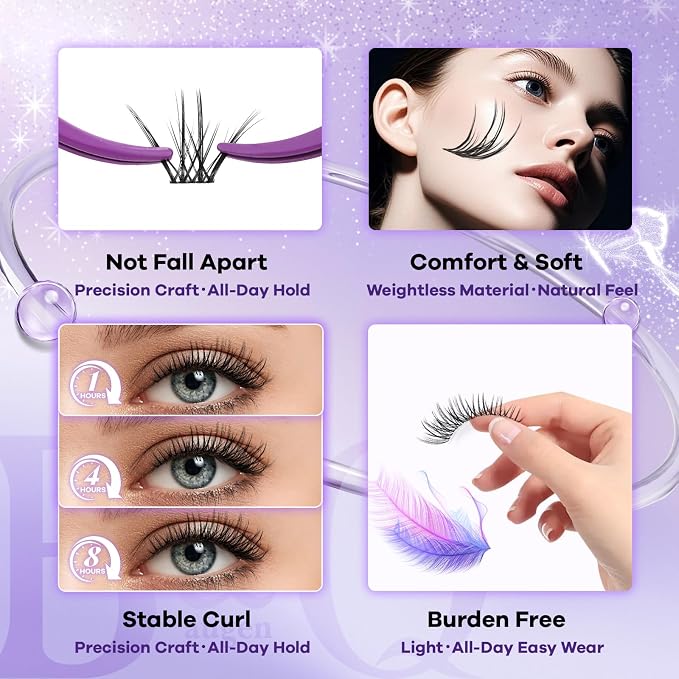 B&Q Wispy Lash Clusters Kit, Natural 06, Individual False Eyelashes Extension Set, Undetectable Natural Look for Effortless Day-to-Night Beauty, from Office Elegance to Date Night Glamour(8-16mix)