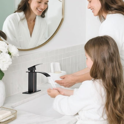 ORB Bathroom Faucets, Waterfall Bathroom Sink Faucet Single Handle Bathroom Faucet for 1 or 3 Hole, Mixer Tap Vanity Faucet with Deck Plate, Pop-up Drain and Supply Hoses