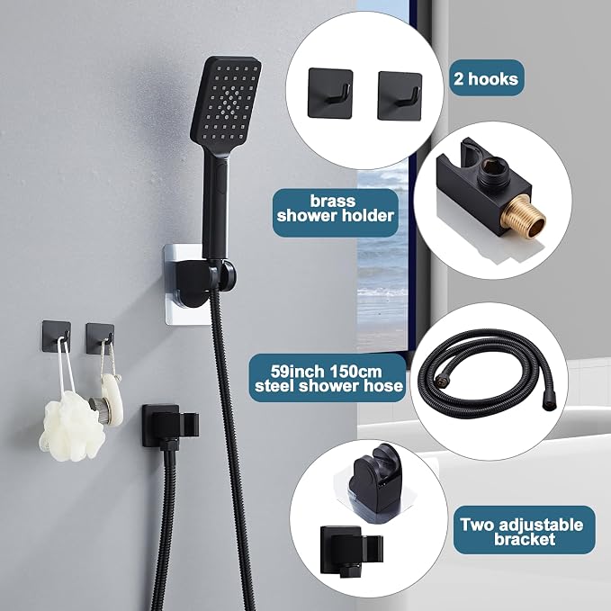 8 Inch Shower Faucet Set, Rainfall Shower System with High Pressure Handheld Shower Head, Bathroom Mixer Shower Set Wall Mounted Rough-in Valve and Trim Kit, Matte Black, with 3-Setting