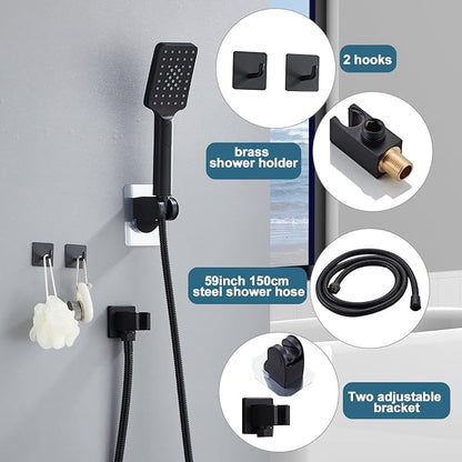 8 Inch Shower Faucet Set, Rainfall Shower System with High Pressure Handheld Shower Head, Bathroom Mixer Shower Set Wall Mounted Rough-in Valve and Trim Kit, Matte Black, with 3-Setting