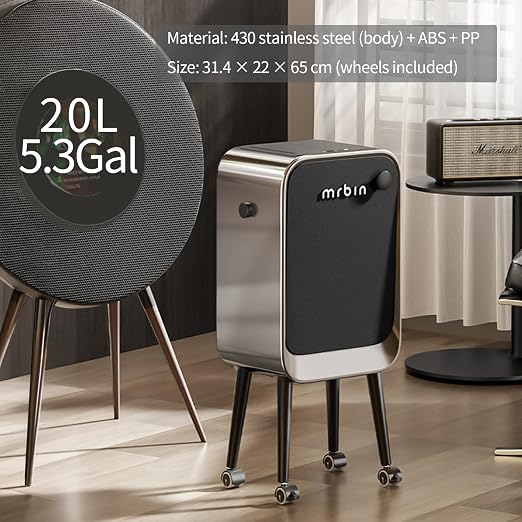 Mrbin Motion Sensor Bathroom Trash Can with Leg and Wheel, 5.5 Gal Tall Smart Waste Basket for Bedroom, Automatic Ozone Odor Purification Neutralizing, Touchless Butterfly Lid, Stainless Steel & Black