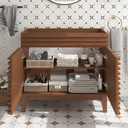 36 Inch Bathroom Vanity Base Cabinet, Walnut Freestanding Bathroom Storage Cabinet Base Only, Modern Wood Grain Vanity Cabinet with Solid Wood Legs and Soft Close Doors, Sink Not Included