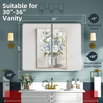 Bathroom Medicine Cabinet with Mirror 24x30Inch, Silver Medicine Cabinet Recessed or Surface Wall-Mounted, Mirrored Cabinets with Sturdy Metal Adjustable Shelves for Bathroom Vanity