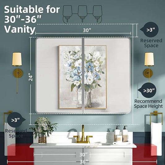 Bathroom Medicine Cabinet with Mirror 24x30Inch, Silver Medicine Cabinet Recessed or Surface Wall-Mounted, Mirrored Cabinets with Sturdy Metal Adjustable Shelves for Bathroom Vanity