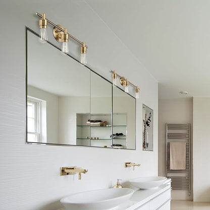 Globe Electric 51563 5-Piece Bathroom Accessory Set with 3-Light Vanity Fixture, Matte Brass Finish, Open Socket Design, Towel Bar, Towel Ring, Robe Hook, Toilet Paper Holder