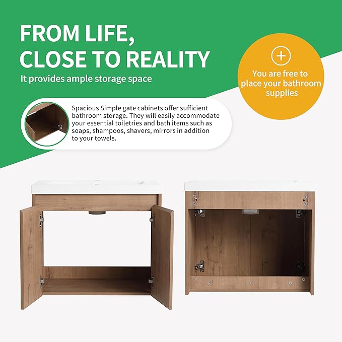 24'' Floating Bathroom Vanity with Sink, 24 Inch Wall-Mounted Single Sink Cabinet for Small Bathrooms, Soft-Close Doors & Vertical Storage, Space-Saving Design, Imitative Oak