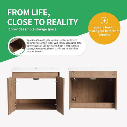 24'' Floating Bathroom Vanity with Sink, 24 Inch Wall-Mounted Single Sink Cabinet for Small Bathrooms, Soft-Close Doors & Vertical Storage, Space-Saving Design, Imitative Oak