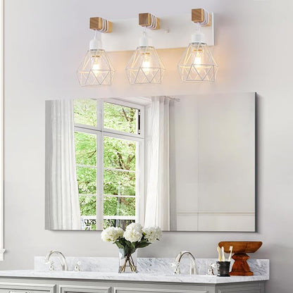 maesta 3 Light Bathroom Vanity Light, Farmhouse White Fixture Over Mirror | Farmhouse Bathroom Light Fixtures, Wood & Metal, Anti-Rust Easy to Install for Rustic Bathroom Hallway