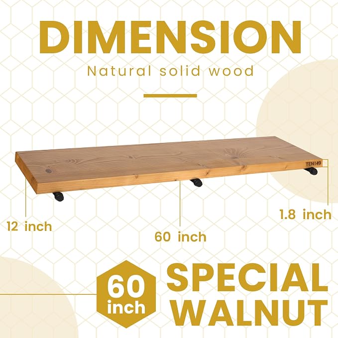 TEN49 Industrial Pipe Wood Wall Shelf - 60" Real Wooden Shelf w/ Special Walnut Color & 1.8" Extra Thickness - Modern Interior Decor Floating Shelving - Rustic Farmhouse Style Bookshelf - Set of 1