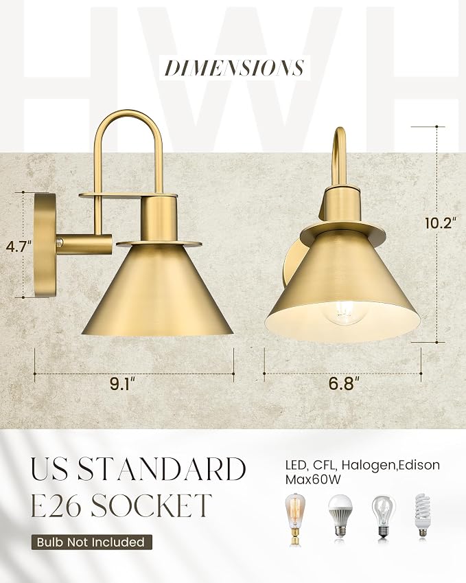 Gold Wall Sconces, HWH Indoor Wall Lights, Vintage Barn Wall Lamp, Brass Wall Sconce Light for Bedroom Living Room Kitchen, Gold Finish, 5HZG56B BG