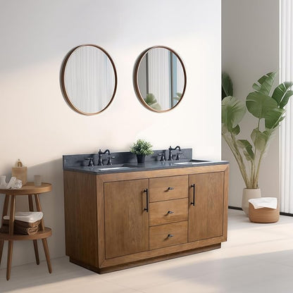 Vanity Art 60 inch Double Sink Bathroom Vanity, Solid Poplar Wood, Vanity Cabinet with Doors and Shelf, Modern Wood Bathroom Vanity with Black Marble Top, 3 Functioning Drawers, VA70-60-DT-B