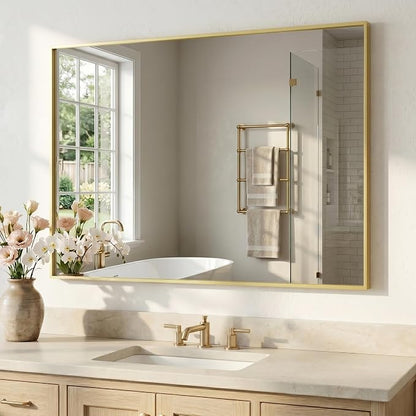 40"x30" Satin Gold Framed Rectangle Bathroom Vanity Wall Mirror | Over-Sink Vanity Mirror, Slim Metal Frame, Entryway or Dresser Use, Vertical/Horizontal Mount, Tempered Glass