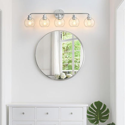 Bathroom Light Fixtures Chrome Vanity Light Silver 5 Light Modern Wall Sconces Lighting Bathroom Lights with Globe Glass Shades Bath Wall Lights for Mirror Kitchen Living Room Hallway 34.5"