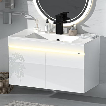 AHB 30 inch Bathroom Vanity W/Sink Combo, High Gloss Bathroom Cabinet, Smart Wall Mounted Sink Cabinet Auto Motion Sensor LED Light, Modern Floating Vanity with Faucet
