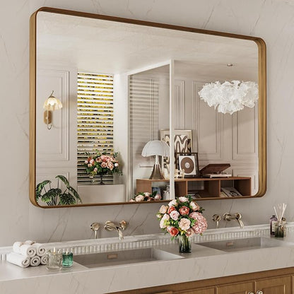LOAAO 55X36 Inch Bathroom Mirror with Wood Grain Colored Metal Frame, Rounded Rectangle Metal Framed Bathroom Mirror, Anti-Rust, Hangs Horizontally or Vertically, Tempered Glass | Rounded Rectangle Metal Framed, Anti-Rust, Hangs Horizontally or Vertica...