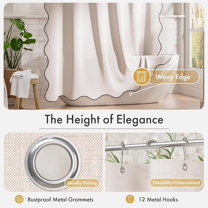 Bathway Modern Scalloped Shower Curtain, Linen Textured Beige Shower Curtain Set with 12 Metal Hooks, Neutral Cute Elegant Shower Curtain with Black Border for Bathroom, 72x72 Inches