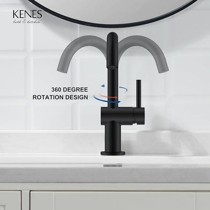 Matte Black Bathroom Faucet Single Handle, Single Hole Vanity Faucet | Bathroom Sink Faucet with Pop Up Drain & 6 Inch Deck Plate, Lead-Free cUPC & NSF Certified, 1 Handle Faucet for Vanity RV Bar